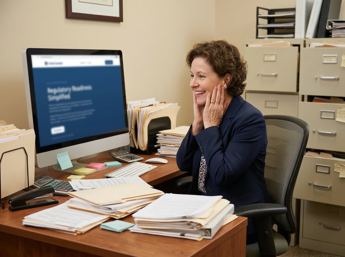 A nursing home administrator at her desk reviewing Binder Essentials on her monitor, surrounded by stacks of paper compliance binders and filing cabinets.